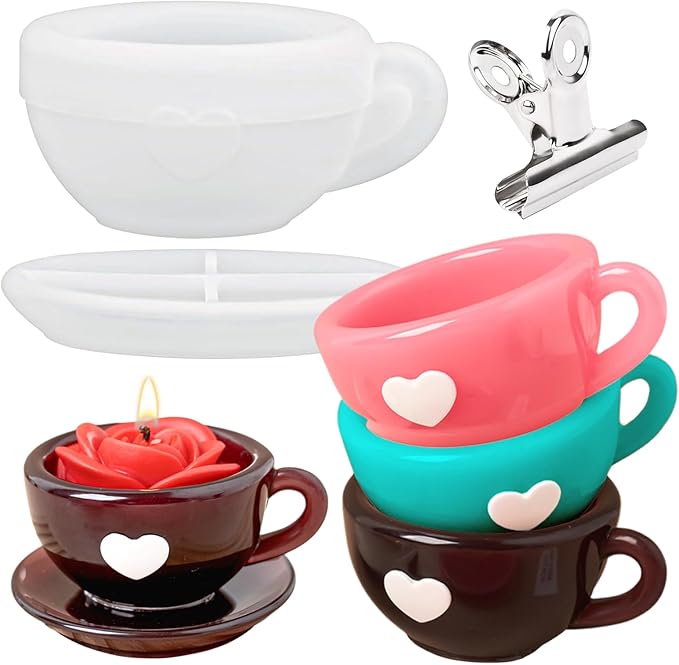 Resin Molds Coffee Cup with Saucer Silicone Mold for Resin Epoxy Casting Candle Vessel Craft Mould Jewelry Container Coaster Tray Candlestick Concrete Plaster Art Teacup Molds DIY Valentine's Day Gift
