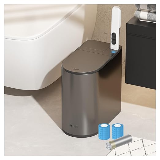 Bathroom Trash Can with Lid - Motion Sensor Smart Garbage Bin with Toilet Brush, 2 Gallon / 7L Small Automatic Trash Can, Odor-Control for Bathroom (Grey)