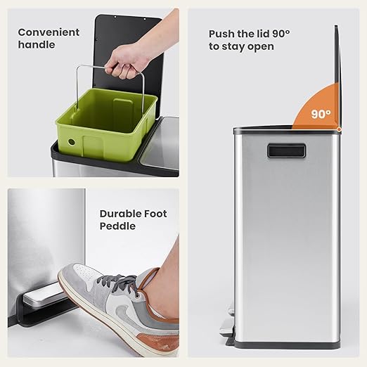 Elevon Kitchen Trash Can with Lid, 2 x 8 Gallon Garbage Can, with Soft-Close Foot Pedal and Removable Inner Bucket, 60 Liter Large Stainless Waste Bin for Bathroom Bedroom Home Office