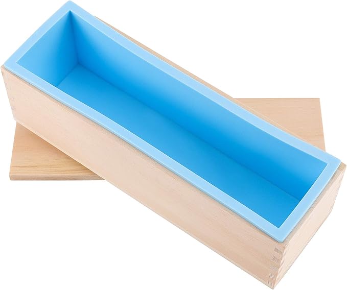3 Set 45 Oz Blue Silicone Soap Molds Loaf, Flexible Rectangular Soap Making Molds with Wood Box Wooden Covers, Soap Molds for Soap Making
