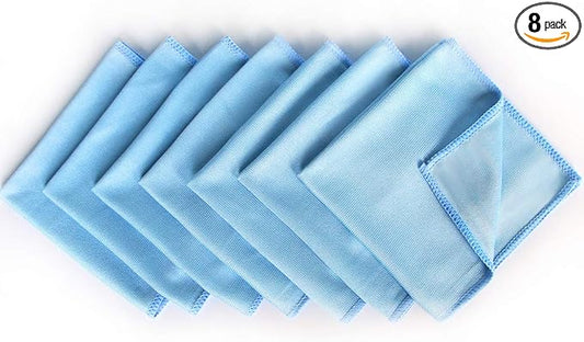 Auto Care Microfiber Glass Cleaning Cloths Towels for Windows Mirrors Windshield Computer Screen TV Tablets Dishes Camera Lenses Chemical Free Lint Free Scratch Free (12"x12", Blue, 8 Pack)