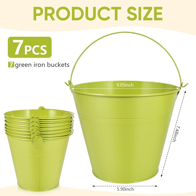 OBTANIM 7 Pack Green Metal Buckets with Handle Galvanized Ice Pails for Plants, Succulents, Party Favors Organizing, Rustic Home Decor or Classrooms Pencil Storage (9.1 x 6.7 inch)