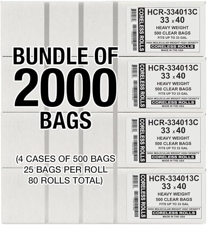 Aluf Plastics High Density Trash Bags, 33 Gallon, 2000 Count, 13 Micron (eq), 33" x 40", Clear, for Bathroom, Office, Industrial, Commercial, Janitorial, Municipal, Recycling