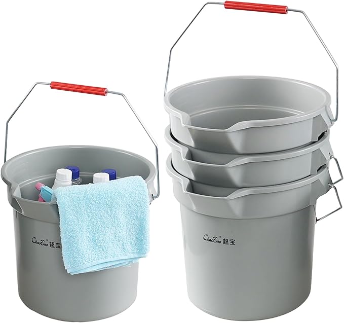 4 Pack Round Utility Bucket with Spout and Handle, 14 Quart Commercial Plastic Cleaning Pail, Grey