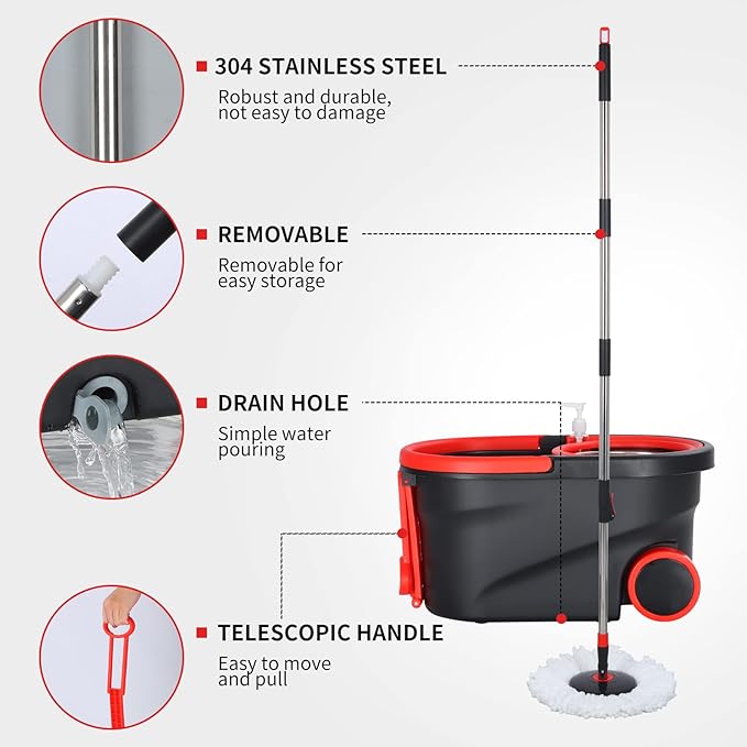 Mop and Bucket Set, 360° Spin Mop and Bucket with Wringer Set and 3 Microfiber Mop Refills, Stainless Steel 61'' Extended Handle Spinning Mop Bucket System for Floor Cleaning