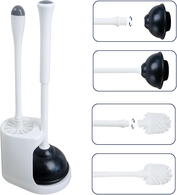 CELOX 2 Set Toilet Brush and Plunger Set, Toilet Brush and Holder Set, Toilet Bowl Brush and Holder, White