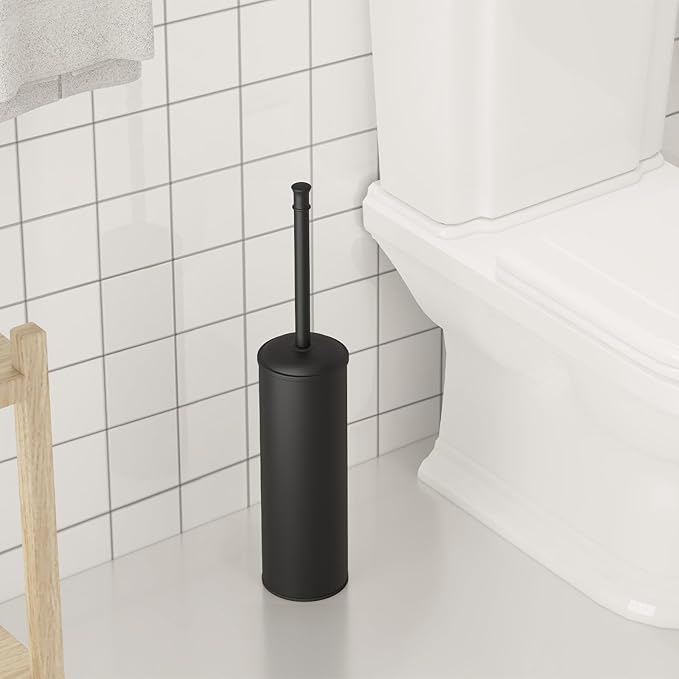 BESy Toilet Brush and Holder, Toilet Cleaner Bowl Set with Two Brush with Extra Long Handle, Durable Bristles Toilet Scrubber and Covered Holder, Drip-Proof Stainless Steel Matte Black