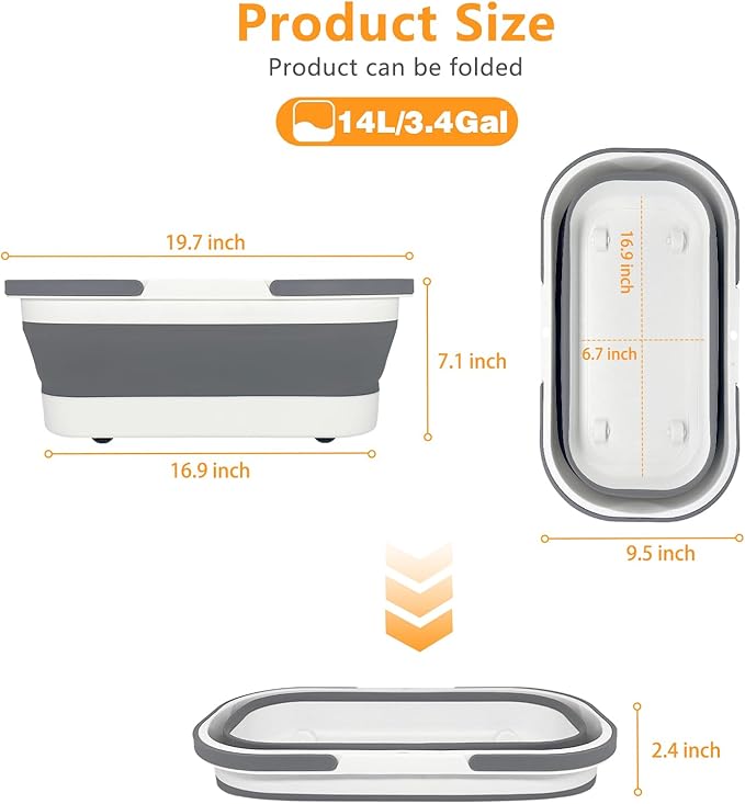 Collapsible Bucket with Wheels 14L (3.7 Gallon) - Versatile and Durable for House Cleaning, Camping, and RV - Convenient Rectangular Mop Cleaning Basket - Lightweight & Compact (14L-Grey)