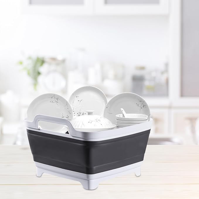 10L Collapsible Wash Basin with Drain Plug (2.6 Gal) – Foldable Portable Sink for Camping, RV, Vegetable Washing – Multi-Use Dish Pan, Ice Beverage Tub, Gray – Pair of Silicone Gloves for Free