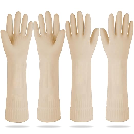 Mamison 2 Pairs Reusable Waterproof Household Dishwashing Cleaning Rubber Gloves, Non-Slip Kitchen Glove (Ivory, Large (Pack of 2))