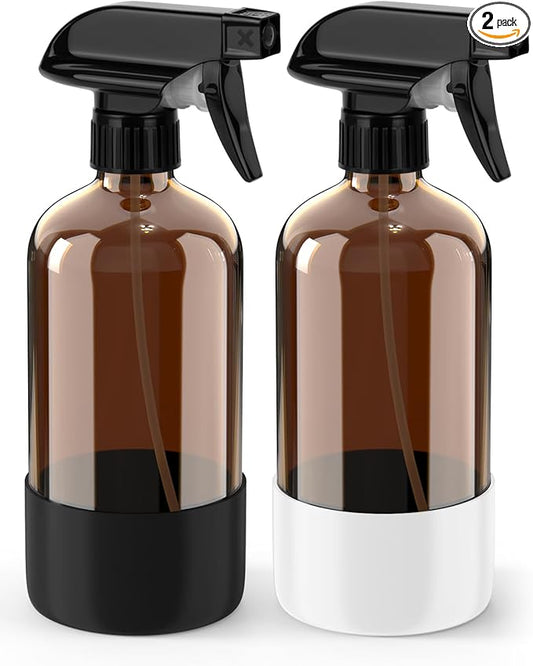 Glass Spray Bottle with Silicone Sleeve Protection, Amber Glass Spray Bottle Set for Window Cleaner Aromatherapy Facial Hydration Watering Flowers Hair Care 2 Pack/16 oz (Black & White, 16 oz)