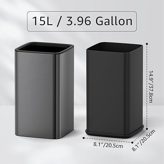 Mbillion 4Gal/15L Open top Trash Can with Removable Inner Bucket Small Waste Basket Stainless Steel Metal Trash Can for Bathroom Office,Brushed Black
