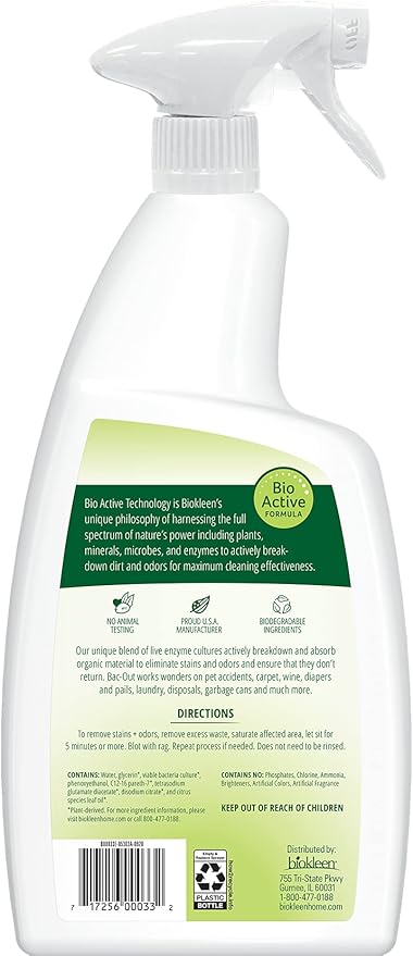 Biokleen Bac-Out Enzyme Stain Remover - 32 Ounce - Natural Foam Spray, Destroys Stains & Odors Safely, for Pet Stains, Laundry, Diapers, Wine, Carpets, Eco-Friendly, Non-Toxic, Plant-Based