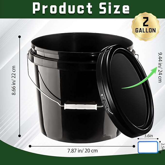 6 Pcs 2 Gallon Black Bucket with Lid and Handle, Large Plastic Storage Paint Pail Brine, Fermenting for Beer, Wine or Any Other Fermented Beverage