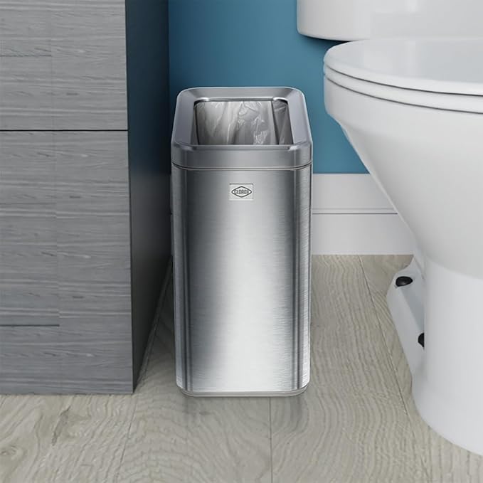 CLOROX Slim Open Trash Can - 2.6 Gallon (10 Liter) Small Metal Waste Basket with Removable Bucket for Narrow Spaces - Stainless Steel Garbage Bin for Bathroom, Bedroom, or Office