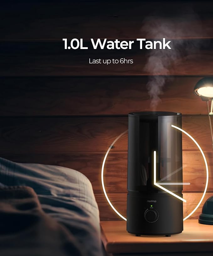 raydrop Humidifiers for Bedroom, raydrop Cool Mist Humidifiers for Babies, 1.0L Quiet Ultrasonic Humidifier, Space-Saving, Filterless, Auto Shut Off - (0.26 Gallon, US 110V)