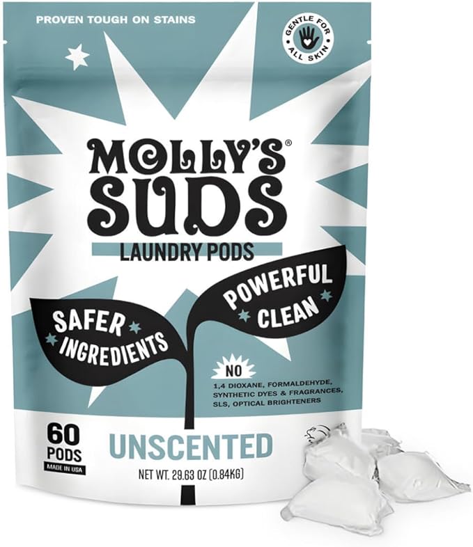 Molly's Suds Laundry Detergent Pods | Clean Detergent for Sensitive Skin | Ultra Concentrated and Stain Fighting | Unscented - 60 Count