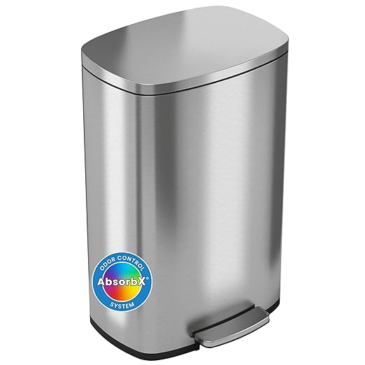 iTouchless SoftStep 13 Gallon Kitchen Trash Can with Lid and Odor Filter, Stainless Steel 50 Liter Recycling Bin for Home Office Bedroom Garage Living Room Bathroom Silent Lid Close Slim Wastebasket