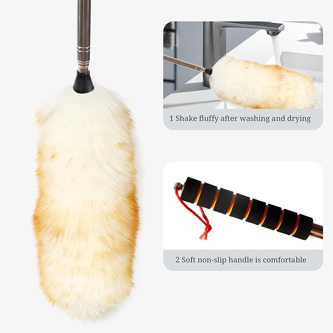 Lambs Wool Extendable Household Cleaning Duster 64" Wall Duster Cleaner with Stainless Steel Long Handle and Extension Pole for Cleaning High Ceiling Fan Interior Roof, Yellow&White