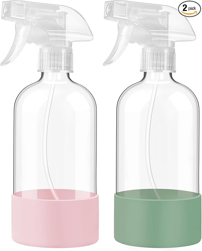 JohnBee Glass Spray Bottles with Silicone Sleeve, 2 Pack16 oz Empty Refillable Containers with Adjustable Spray Nozzles, Spray Bottles for Hair, Cleaning Solutions and Plants Olive Green&Pink