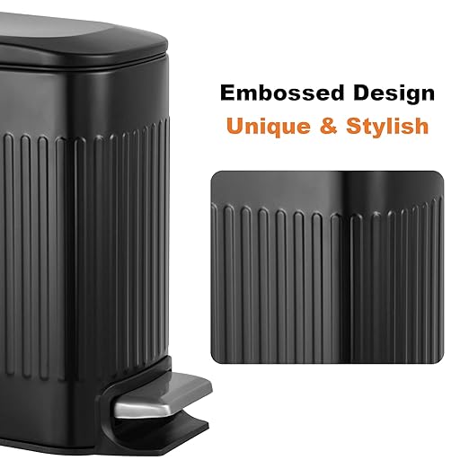 TrashAid Small Black Bathroom Trash Can with Lid Soft Close, 6 Liter / 1.6 Gallon, Stainless Steel Garbage Can with Removable Inner Bucket, Step Pedal, Slim Wastebasket for Toilet, Office, Bedroom