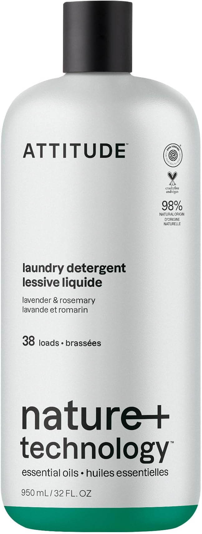 ATTITUDE Laundry Detergent Liquid, Natural Origin Ingredients, EWG Verified, High Efficiency (HE), Infused with Essential Oils, For White and Colored Clothing, Lavender & Rosemary, 38 Loads, 32 Fl Oz