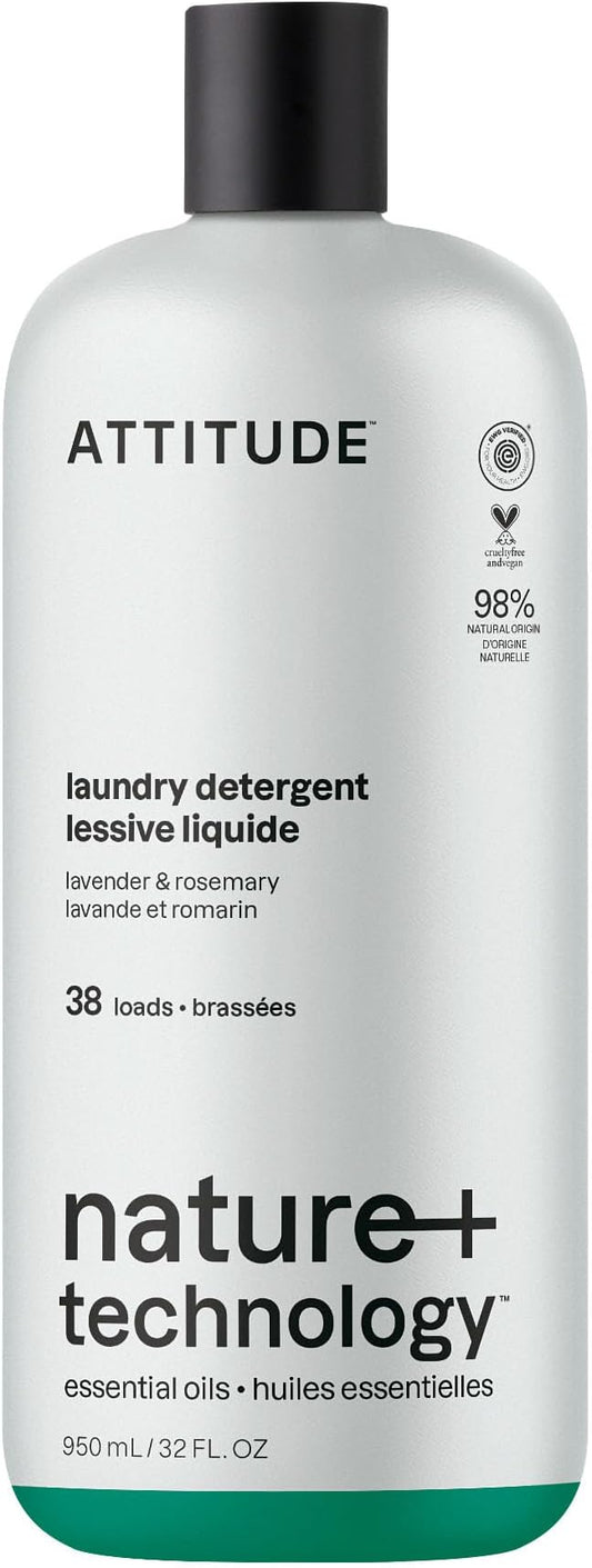ATTITUDE Laundry Detergent Liquid, Natural Origin Ingredients, EWG Verified, High Efficiency (HE), Infused with Essential Oils, For White and Colored Clothing, Lavender & Rosemary, 38 Loads, 32 Fl Oz