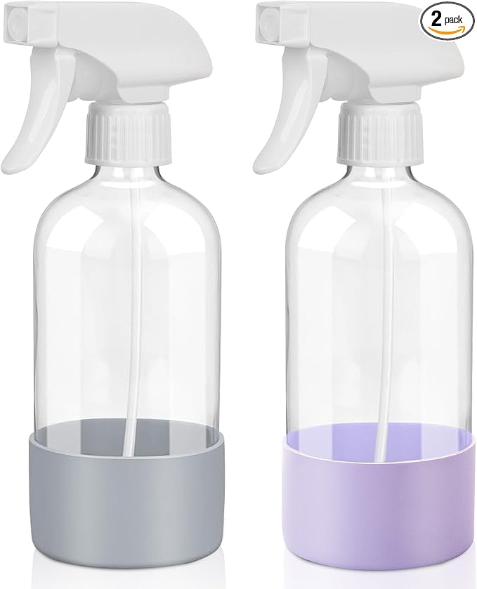 UUJOLY Plastic Spray Bottle Trigger Empty Spray Bottles Clear Refillable Container for Water, Essential Oils, Hair, Cleaning Products, Adjustable Head Sprayer and Stream, Purle + Dark Grey