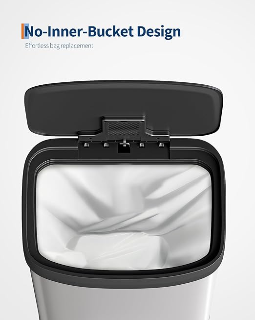 Garvee 16 Gallon / 60 Liter Metal Trash Can with Lid, Large Garbage Can for Kitchen, Rustproof Step-on Kitchen Metal Trash Bin with Liner Rim, Rear Handle, Soft Close Plastic Lid, White