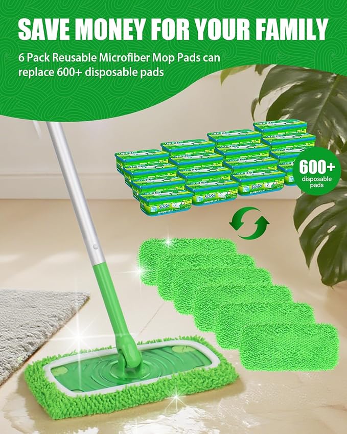 Reusable Wet Pads Refill for Swiffer Sweeper Mop, Dry Sweeping Cloths & Wet Mopping Cloths for Household Cleaning, Washable Microfiber Pads for Wood Floors, 6 Pack