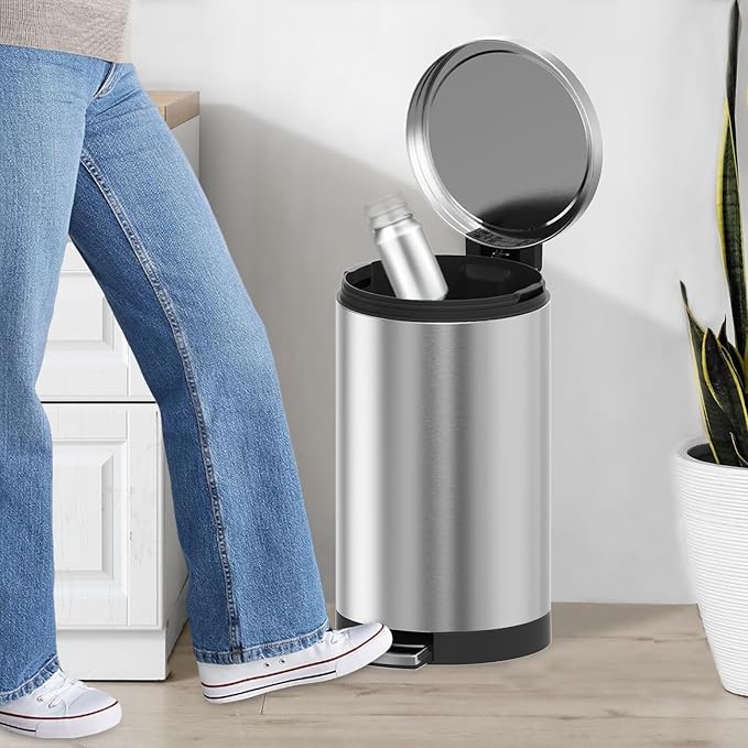 Trash Can with Lid - 30 Liter/8 Gallon Round Stainless Steel Trash Can with Odor Protection Kitchen Garbage Cans with Soft-Close Foot Pedal Step Bin for Bathroom Home Kitchen Office