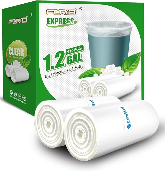 FORID Small Clear Trash Bags, 1.2 Gallon Tiny Garbage Bags, 110 Count Wastebasket Bin Liners for Bathroom Bedroom Office Garbage Can 5 Liters - Thick & Durable Trash Bag