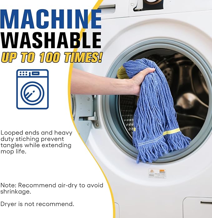 Matthew Cleaning Commercial Mop Head Replacement, 5 Inch Wide Headband, Looped End Cotton Blend String Wet Mops for Floor Cleaning, 24 oz Large, 3-Pack Blue