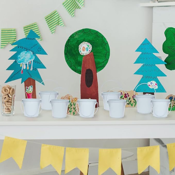 3.1" Galvanized Mini Tin Buckets – 12Pcs White Metal Buckets with Handle, Ideal for Party Favors, Bridal Shower and Craft Projects (White, 3.1")