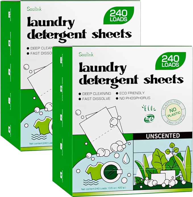Soulink Laundry Detergent Sheets Unscented 480 Loads (2 pack)，Eco Friendly Detergent Sheets for Travel & Home - No Plastic Jug Liquidless Soap Strips, Plant-based, Hypoallergenic.