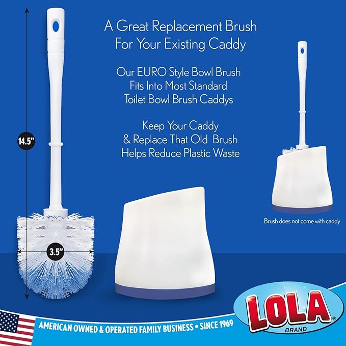 LOLA Classic Toilet Brush, 2 Pack, Durable Fiber Stiff Bristles, Compact Size, Non-Scratch, Long-Lasting