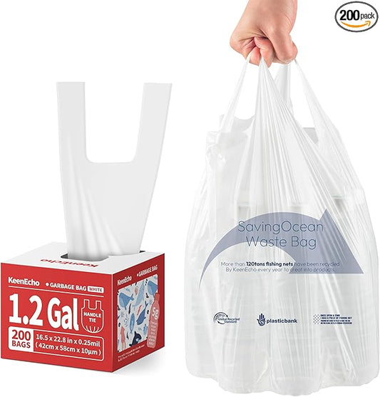 Small Trash Bags with Handles 1.2 Gallon 200 Count White - Ocean Plastic Upcycling - Plastic Garbage Bags, Can Bin & Waste Basket Liner for Kitchen, Bathroom, Office and Pets