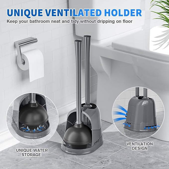 Toilet Plunger and Brush, Silicone Bowl Brush and Heavy Duty Toilet Plunger Set with Ventilated Holder, 2-in-1 Toilet Brush and Plunger Combo for 5.3-inch Bathroom Cleaning (Gray, 1 Set)