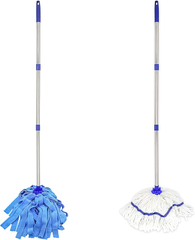 One Mop Handle With Two Microfiber Heads (1 Handle & 2 Heads) Blue