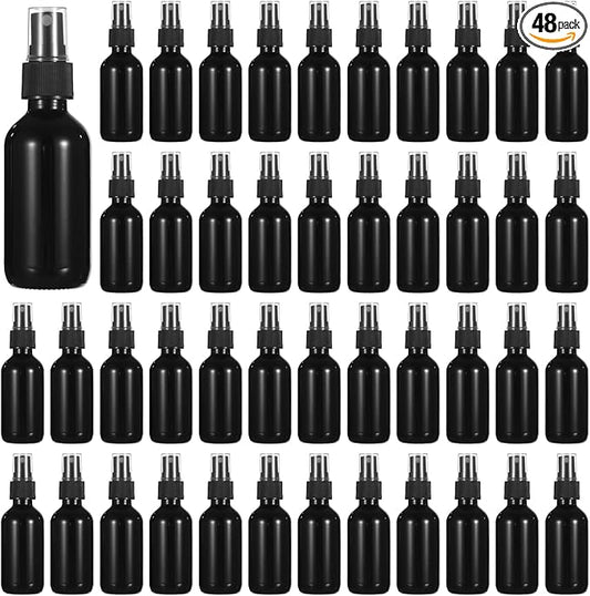 Lnrueg 48 Pcs BlackSmall Glass Spray Bottles 2 oz - Perfume, DIY Cleaners, Fine Mist Spray, Leakproof and Corrosion-Resistant, 60ML Travel Size, Portable for Beauty, Aromatherapy Household Use