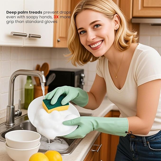 Rubber Dishwashing Gloves for Kitchen 4 Pairs Cleaning Household Dish Washing Reusable & Waterproof Latex Glove(Small/with Hook)