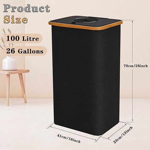 Recycling Bin for Kitchen 26 Gallon, 100L Large Recycle Bins with Bamboo lid, 2 Removeable Reusable Inner Bags, Foldable Kitchen Trash Can for Recycling Bottle Glass Waste Plastics, Black