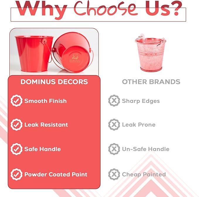 Small Metal Buckets with Handles - Leak-Proof Metal Pail Bucket - Galvanized Bucket with Handle - Multipurpose Tin Bucket for Party Favors, Organization, School, Weddings, Garden - Set of 6, Red