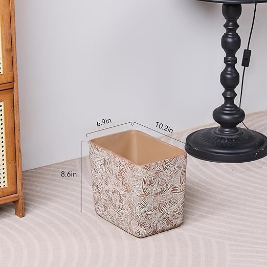 Rustic Brown Tropical Leaves Carved Small Bathroom Trash Can 2.5 Gallon(9 Liter), Resin Heavy Sturdy Kitchen Garbage Can,Living Room Bedroom Trash Can, Decorative Wastebasket for Home, Garden, Office
