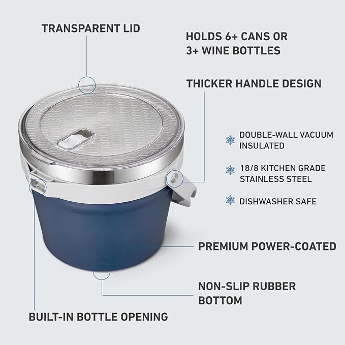 COKTIK 7L Insulated Ice Bucket with Lid，Double Wall Vacuum Stainless Steel Beverage Bucket Keeps Frozen Longer，Holds 6 Longnecks or 3 Bottles of Wine，for Cocktail, Champagne, Large Parties(Navy)