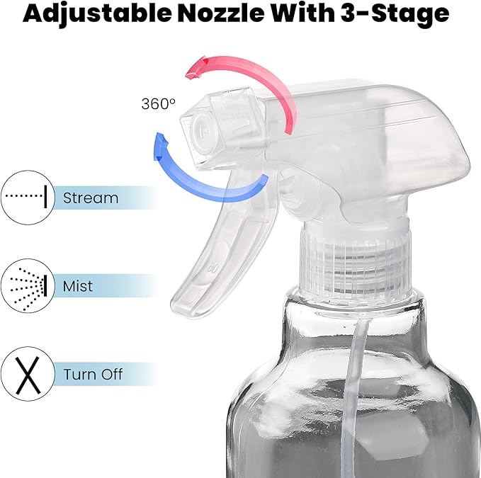 Glass Spray Bottles with Silicone Sleeve, 2 Pack 16.9oz Refillable Containers with Adjustable Spray Nozzles, Empty Spray Bottle for Cleaning Solutions, Hair, Plants (Blue+Grey)