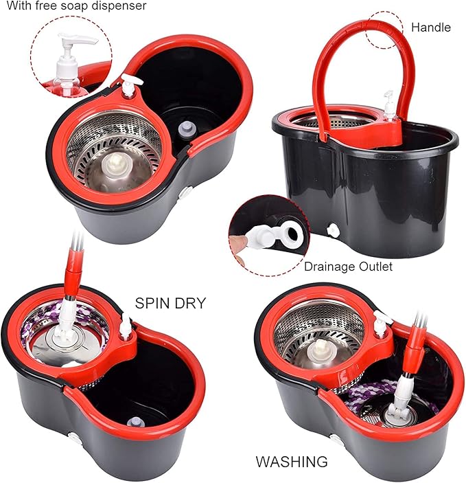 Mop and Bucket Set, 360° Spin Mop and Bucket with Wringer Set and 6 Microfiber Mop Refills, Stainless Steel 61" Extended Handle Spinning Mop Bucket System for Floor Cleaning (2 Sets)