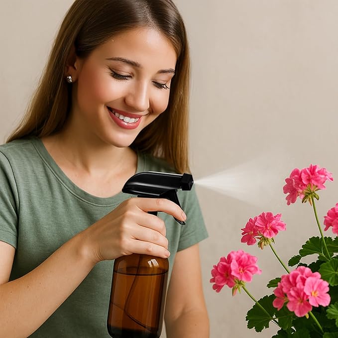 6 Pack Amber Glass Spray Bottles, Refillable 16 oz Empty Bottle with Durable Adjustable Nozzles for Cleaning Solution, Spray Bottles for Hair, Plants, Cleaner, Essential Oil