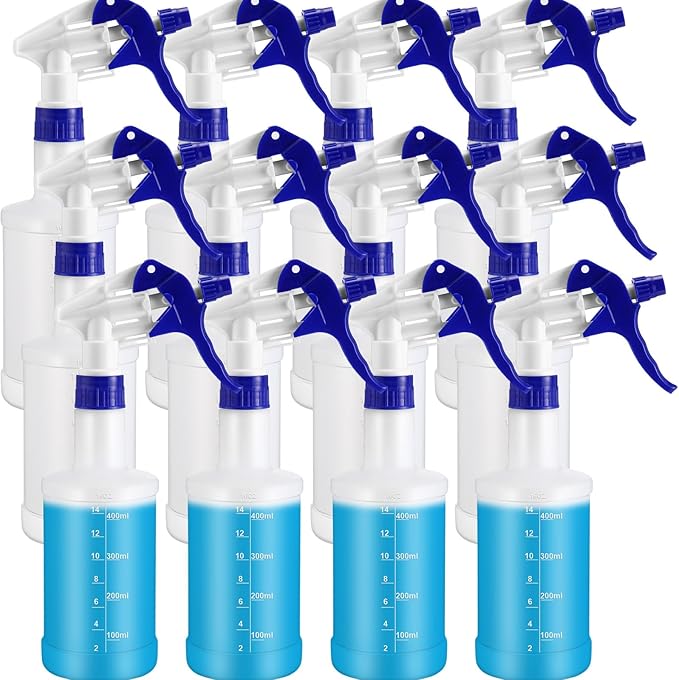 Eccliy 12 Pcs 16 Oz Plastic Spray Bottle, Adjustable Empty Reusable Sprayer for Cleaning, Planting, Water, Bathroom and Kitchen, BBQ, Commercial and Residential (Blue,Measurements)