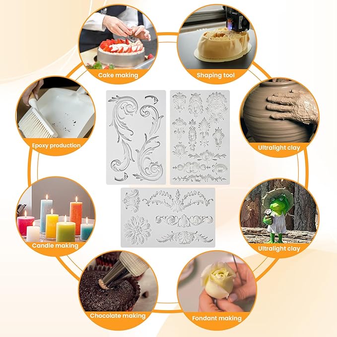3Pcs Baroque Embossed Cake Decorating Mold, Silicone Flower Fondant Molds Cake Border Fondant Molds for Chocolate Candy Mousse Butter Biscuit Marzipan Sugar Craft Cakes 7.7 * 4.7 * 0.35 Inch